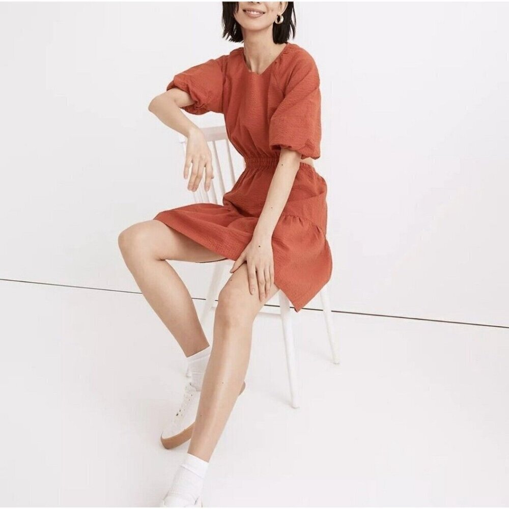Madewell $128 Seersucker Puff Sleeve Cutout Mini Dress Fresh Chili Size XL NF870